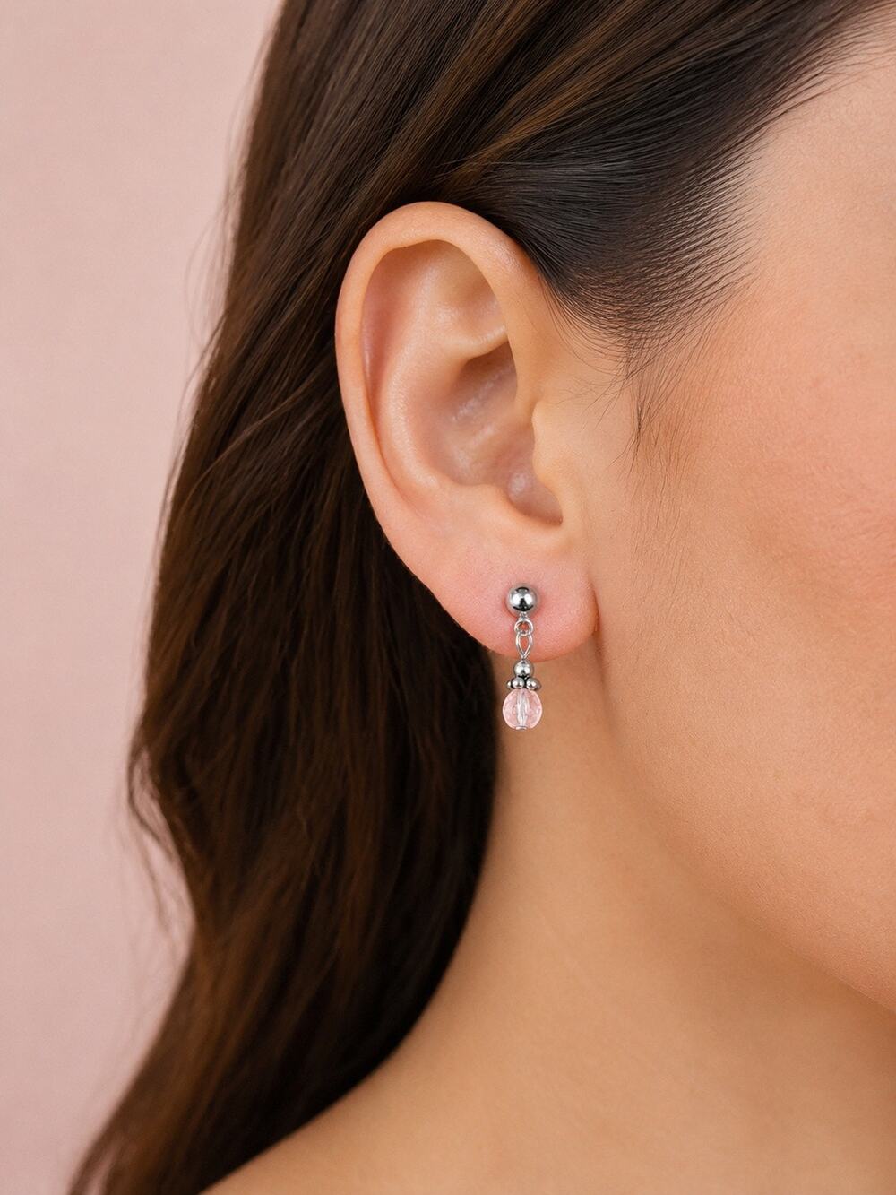 Pale Pink Faceted Bead Silver Tone Ball Stud Petite Drop Earrings